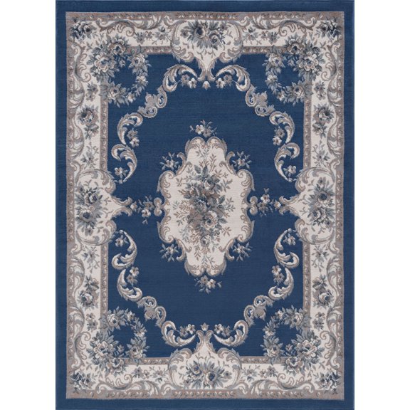 Tayse Hampton Area Rug HMP3907 Traditional Navy Scrolls Petals 5' x 7' Rectangle