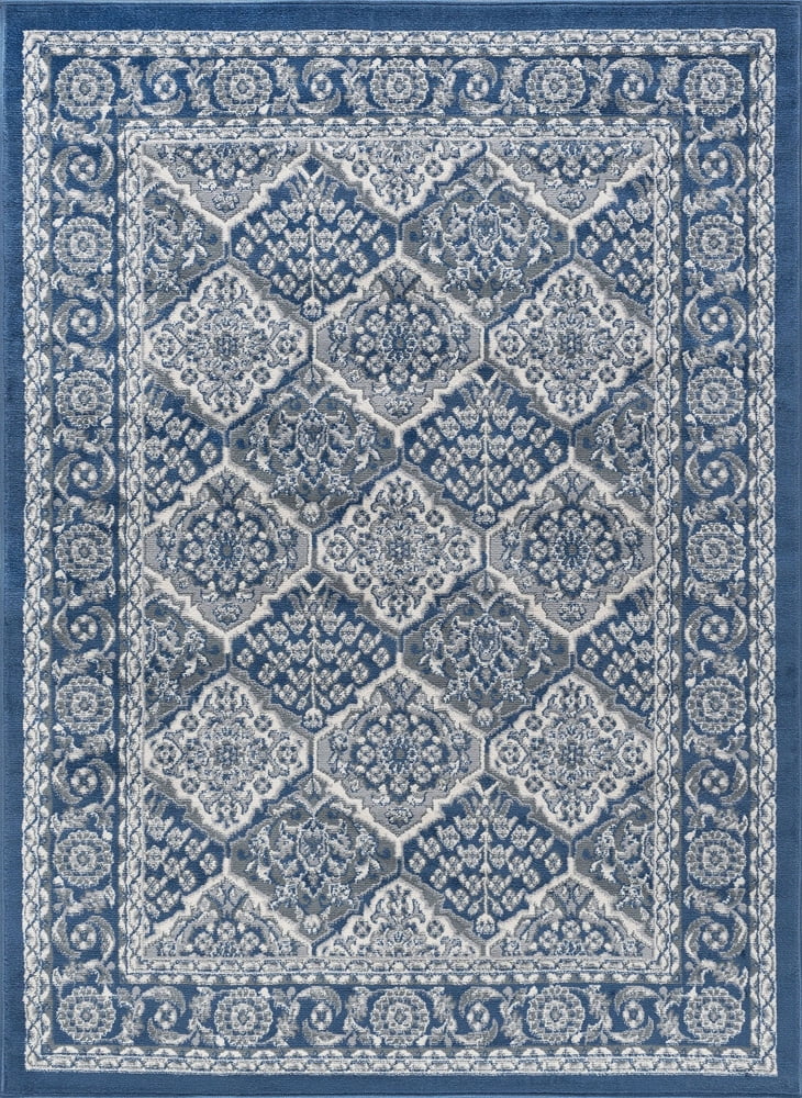 Navy and Cream Synthetic Round Area Rug, 6 ft