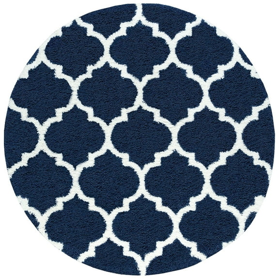 Tayse Jersey Shag Shag Area Rug JRS1304 Transitional Navy Ogee Diagonals 7' 10 x 7' 10" Round