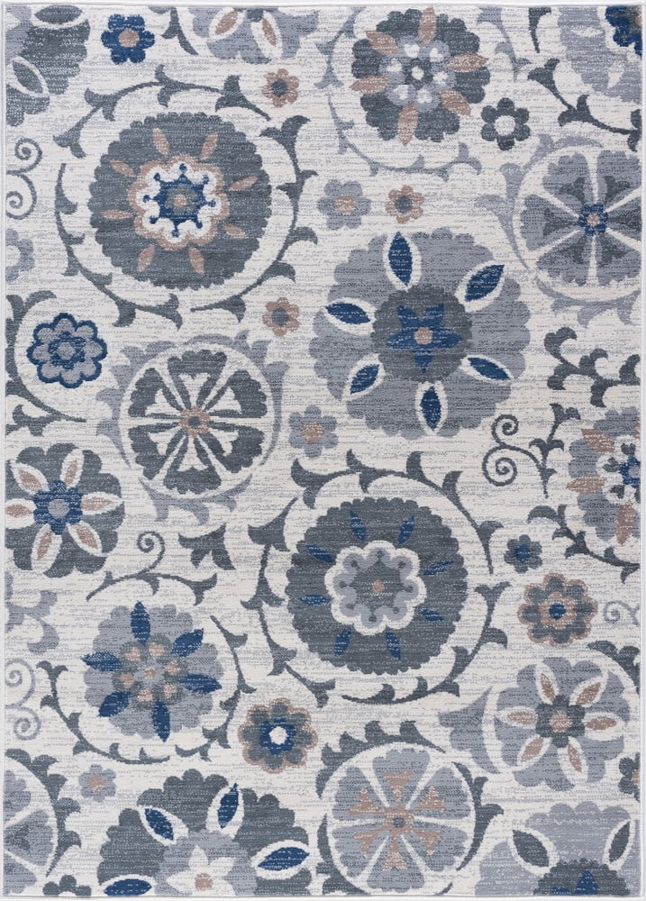 Cream Floral Rectangular Stain-Resistant Area Rug 2' x 3'