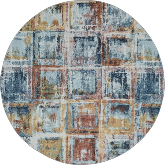 Tayse Reina Area Rug REI1300 Contemporary Navy Blocks Cubes 5' 3" x 5' 3" Round