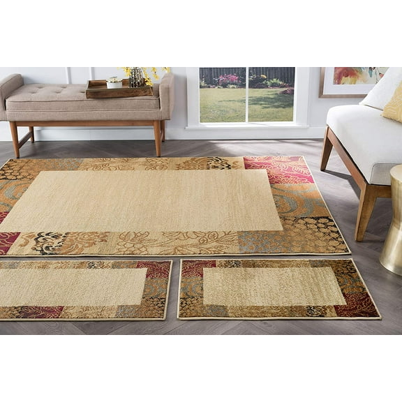 Tayse Sedona Beige 3 Piece Area Rug Set for Home, Room, and Decor - Transitional, Floral