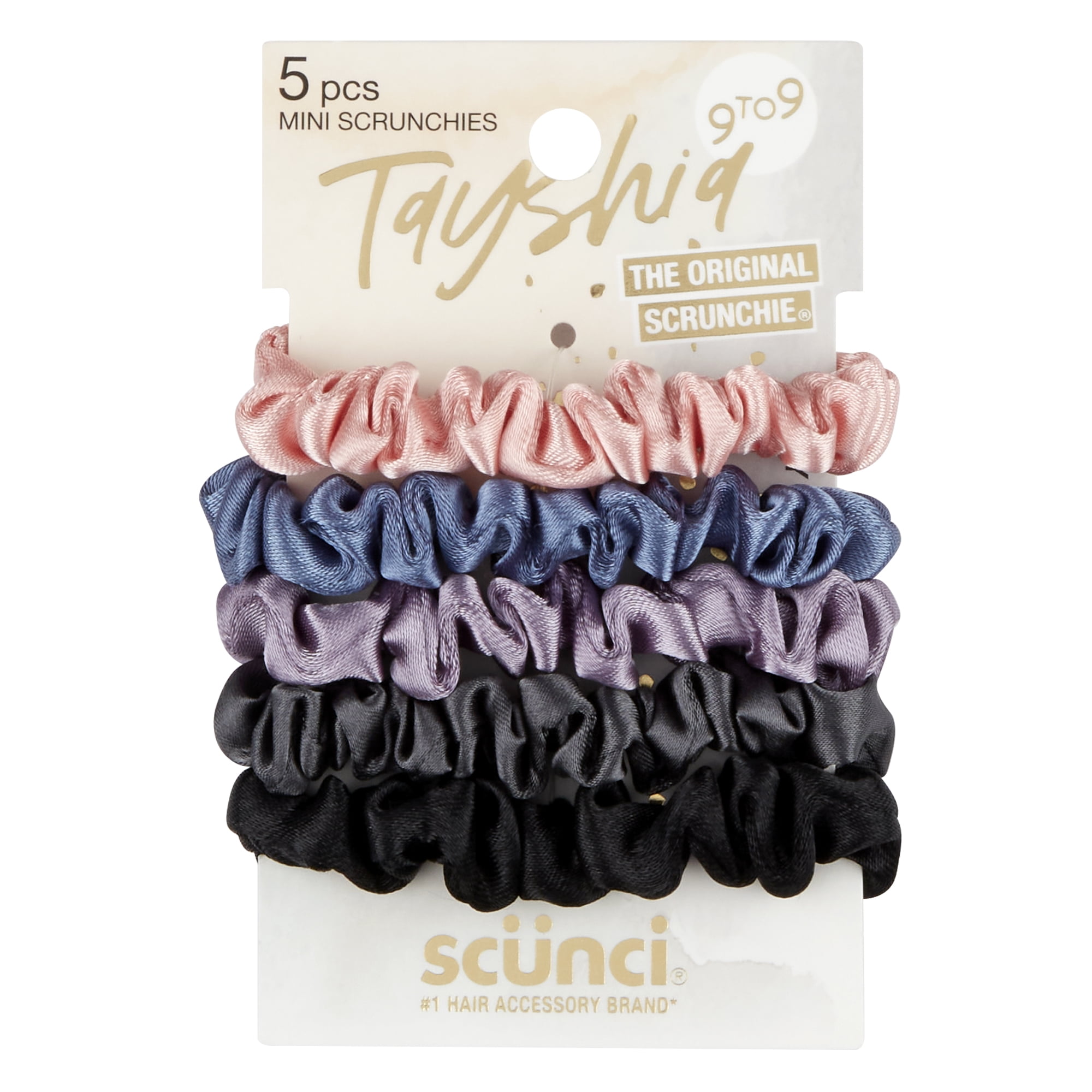 Tayshia by Scunci No Damage Satin Mini Scrunchie Hair Ties, Assorted Colors, 5 Count