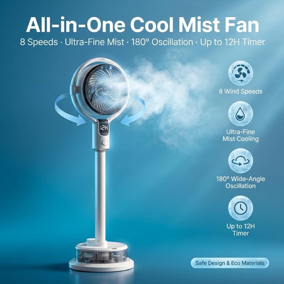 TazTir Misting Standing Fan Air Circulator 8 Speeds Quiet Portable 180 Oscillating Eco-Safe Tech 12H Timer Dual Control Stylish Compact For Home | Bedroom | Office | Camping