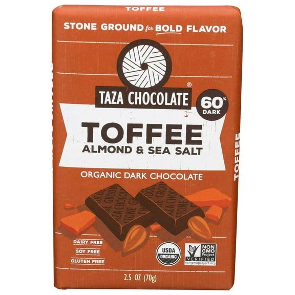 Taza Chocolate Organic Amaze Bar 60% Stone Ground, Toffee Almond Sea Salt, 2.5 Ounce (10 Count), Vegan