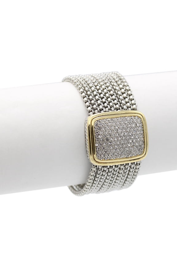 Taza-Two Tone Pave Multi-Strand Bracelet with magnetic closure. Accented with a two tone rectangular center piece in brilliant cubic zirconia.Gift for Women Gift for girls.