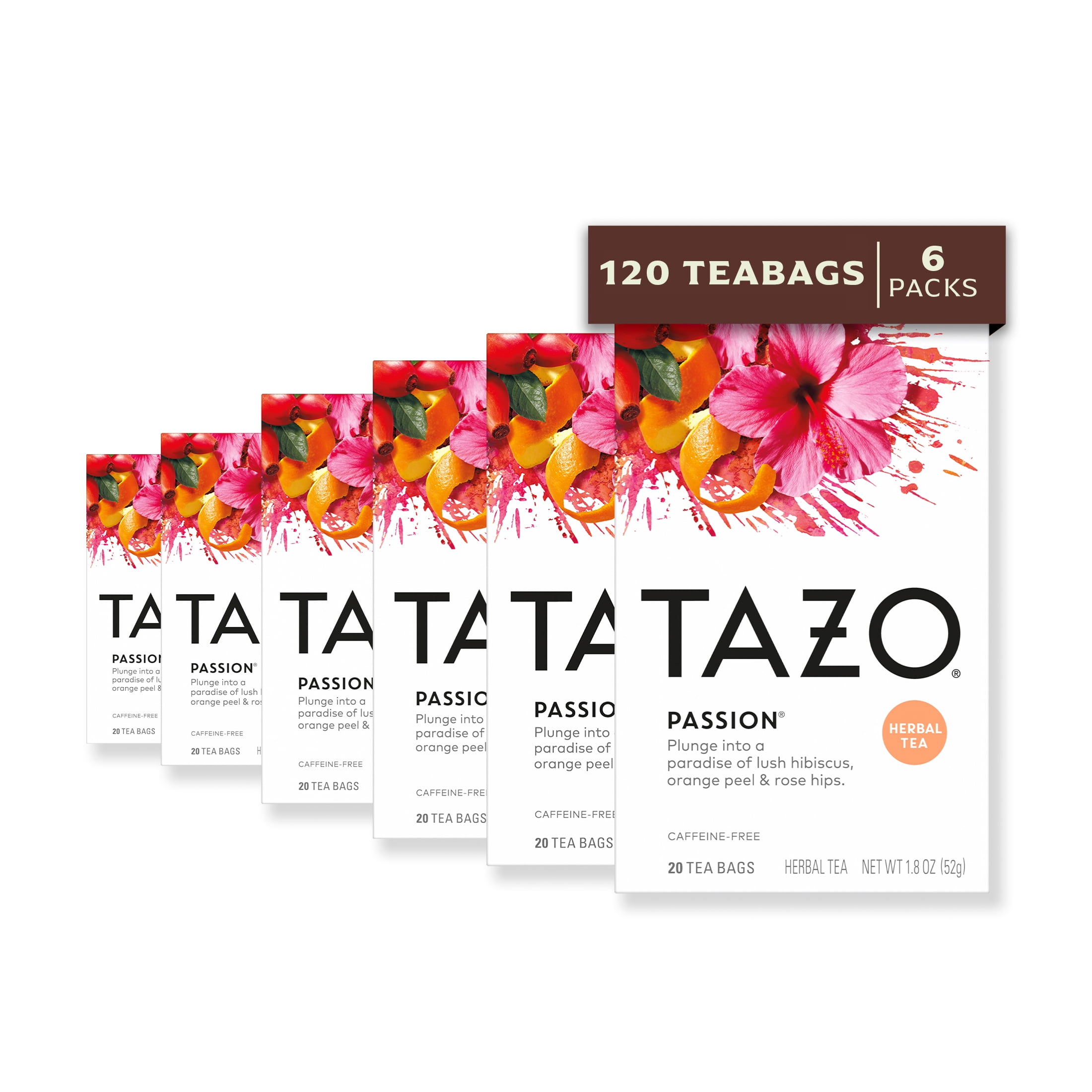 6 pack) TAZO Passion Herbal Tea Bags, Iced or Hot, Caffeine-Free