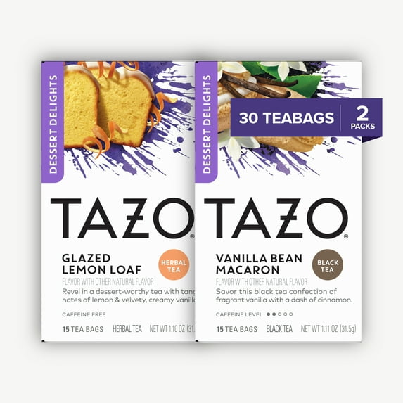 Tazo Dessert-Inspired Variety Pack Flavored Tea Bags, Glazed Lemon Loaf & Vanilla Bean Macaron, 15 Count (2 Flavors)