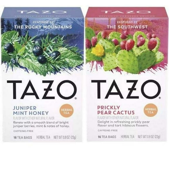 Tazo Foragers Juniper Mint Honey Tea 16 Count & Prickly Pear Cactus Tea 16 Count. Herbal Tea Bags. Caffeine Free. Set