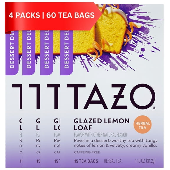 Tazo Glazed Lemon Loaf Herbal Tea Bags, Caffeine-Free, Aromatic Dessert-Inspired Blend, 15 Tea Bags (Pack of 4, 60 Total Tea Bags)