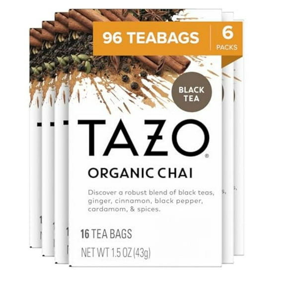 Tazo Regenerative Organic Chai Black Tea, Contains Caffeine, Fair Trade, Kosher, Usda Certified Organic, Non-Gmo, 16 Tea Bags (Pack Of 6)