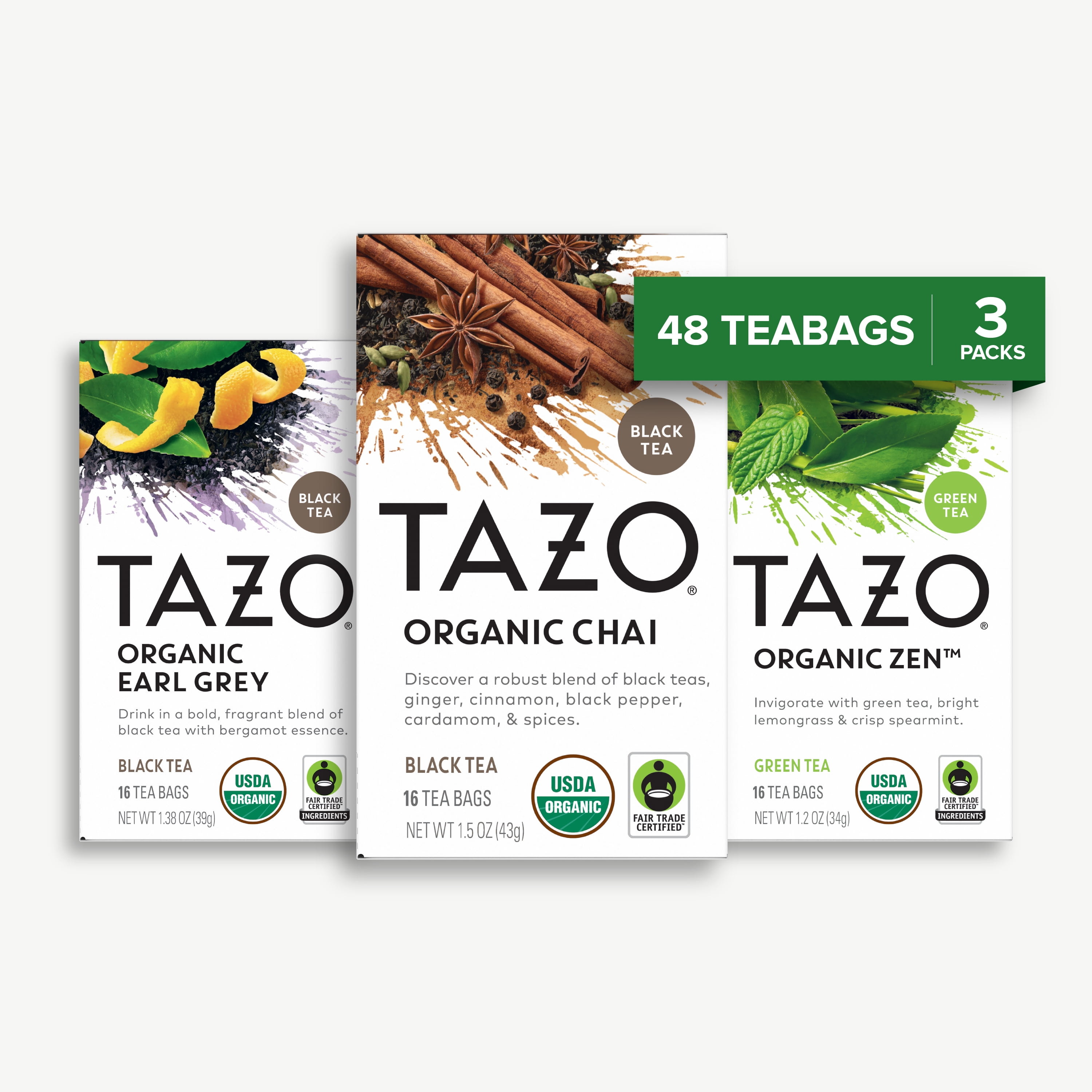 Tazo Regenerative Organic Flavored Tea Trio Variety Bundle, (1) Each: Regenerative Organic Chai Black Tea / Regenerative Organic Zen Green Tea / Regenerative Organic Earl Grey