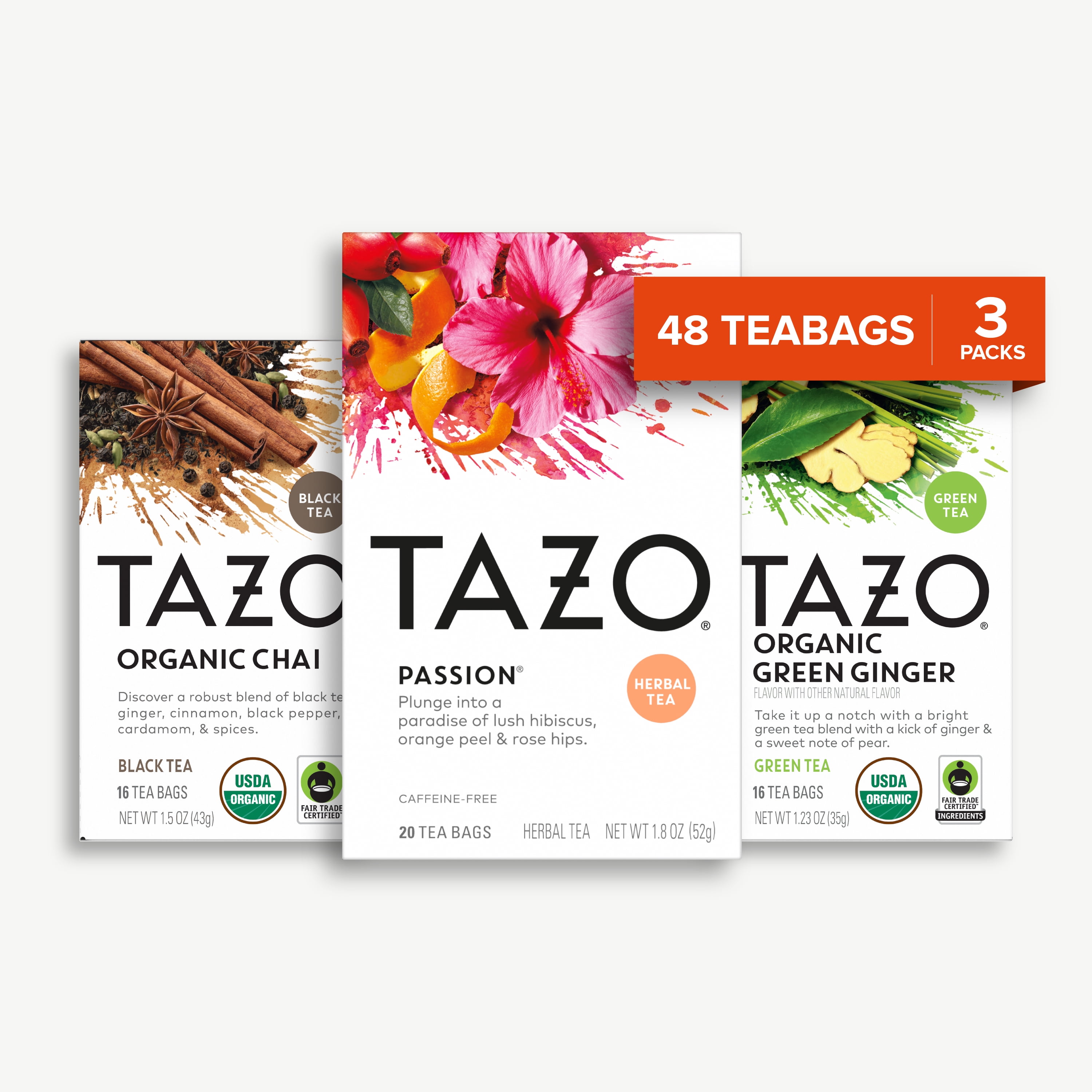 Tazo Tea Bags Bundle: Tazo Organic Chai, Green Ginger, Passion -1 Each