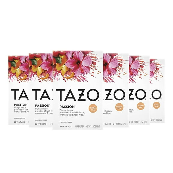 Tazo Tea Bags For Iced Tea, Passion Herbal Tea, Caffeine Free, 20 Count (Pack Of 6)