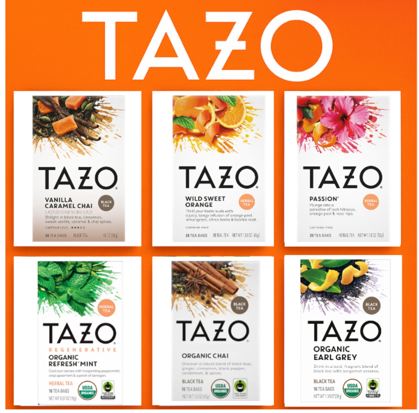 Tazo Tea Variety Pack, 6 Flavors, Herbal & Black Teas, 16-20 Tea Bag ...