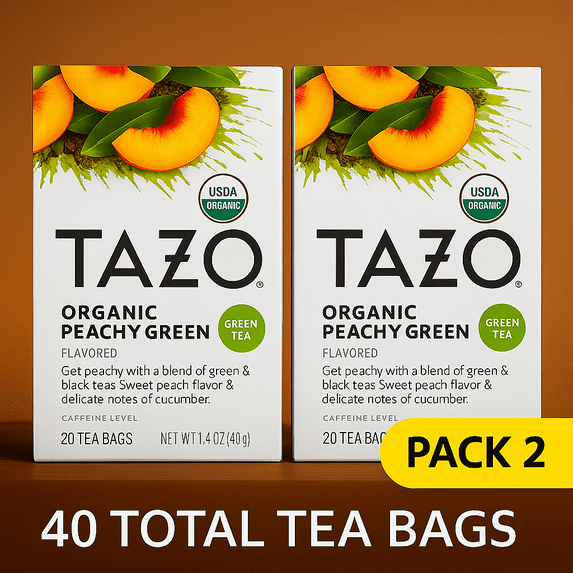 Tazo Teas, Organic, Green Tea, Peachy Green Flavored, 20 Filterbags, 1.4 Oz (40 G) - Pack of 2 (40 Tea Bags)
