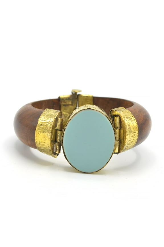 -Gold and brown Wooden Bangle With Turquoise Resin Stone