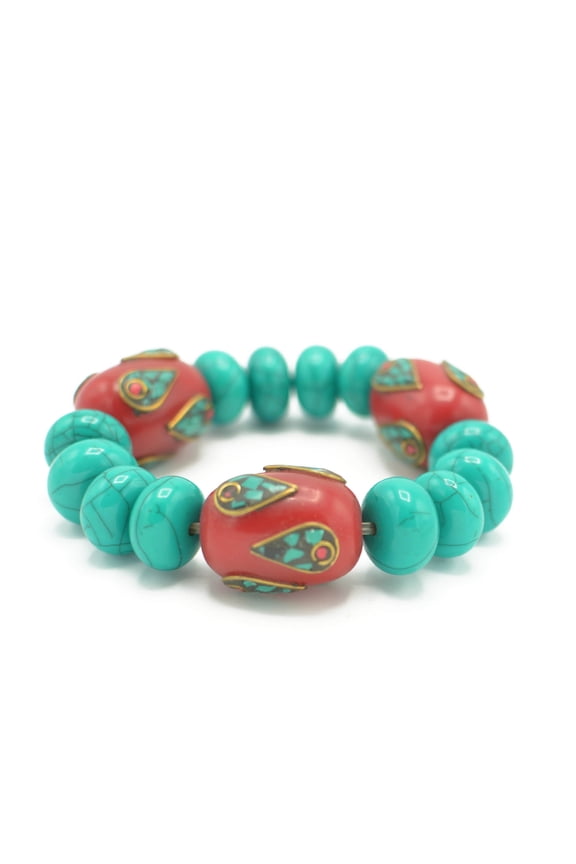 -Turquoise And Coral Beads Memory Wire Stretch Bracelet Jewelry Gift for Women Gift for girls.