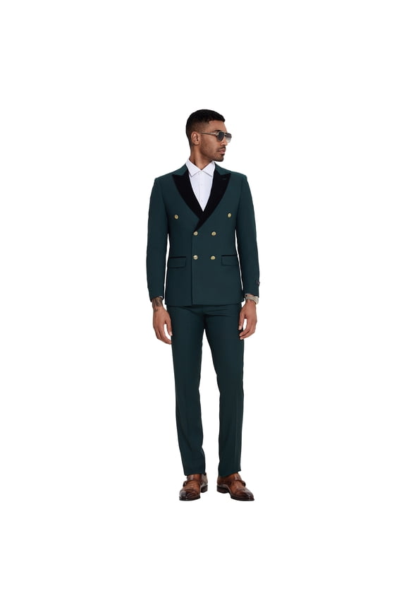 Skinny Fit Double Breasted 2pc Suit Set with Velvet Peak Lapel