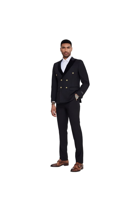 Skinny Fit Double Breasted 2pc Suit Set with Velvet Peak Lapel