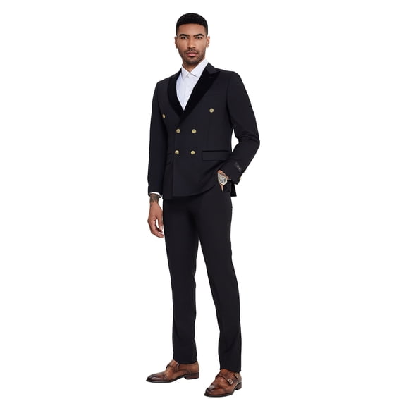 Tazzio Skinny Fit Double Breasted 2pc Suit Set with Velvet Peak Lapel