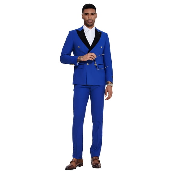 Tazzio Skinny Fit Double Breasted 2pc Suit Set with Velvet Peak Lapel