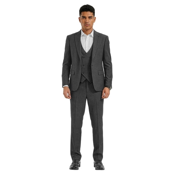 Tazzio Skinny Fit Peak Lapel 3 Piece Textured Suit Set with Double Breasted Vest