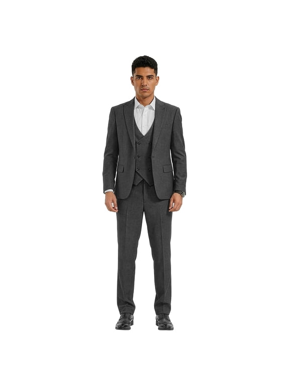 Skinny Fit Peak Lapel 3 Piece Textured Suit Set with Double Breasted Vest