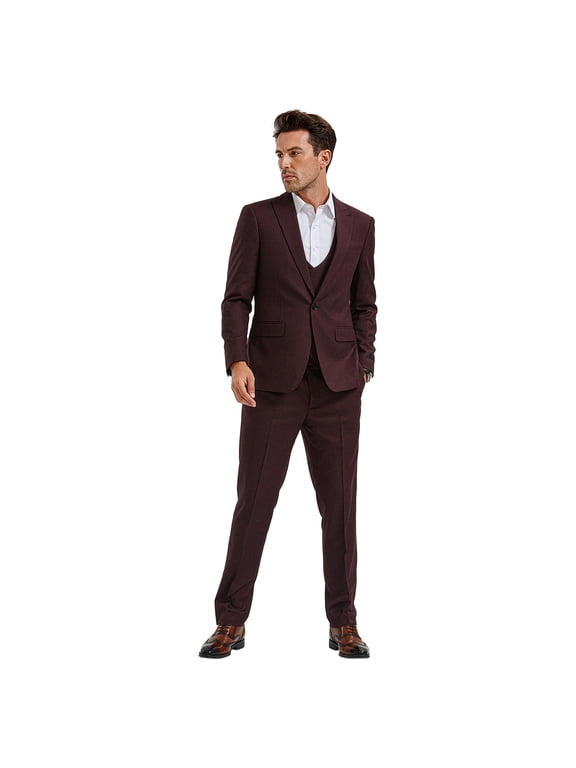 Skinny Fit Peak Lapel 3 Piece Textured Suit Set with Double Breasted Vest
