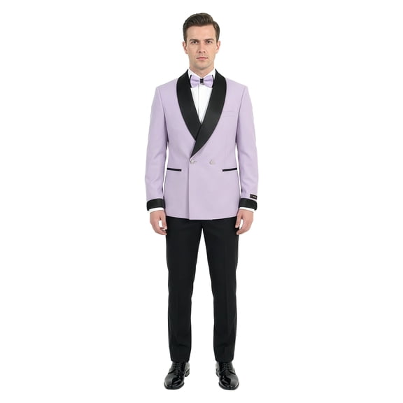 Tazzio Skinny Fit Satin Shawl Collar Double Breasted 2 Piece Tuxedo Suit Set