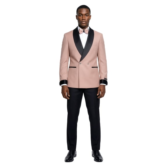 Tazzio Skinny Fit Satin Shawl Collar Double Breasted 2 Piece Tuxedo Suit Set