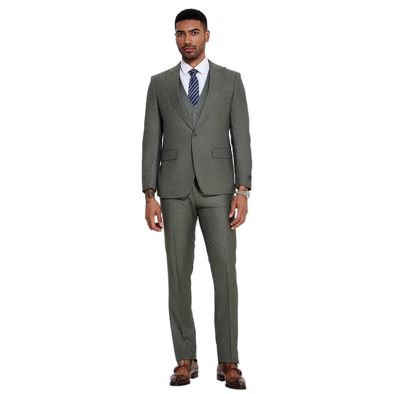 Tazzio Skinny Fit Sharkskin 3 Piece Suit Set with Wide Peak Lapel
