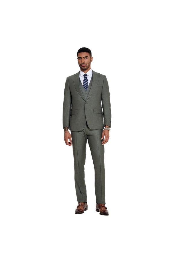 Skinny Fit Sharkskin 3 Piece Suit Set with Wide Peak Lapel
