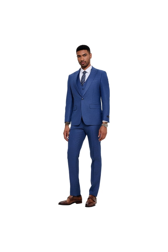 Skinny Fit Sharkskin 3 Piece Suit Set with Wide Peak Lapel