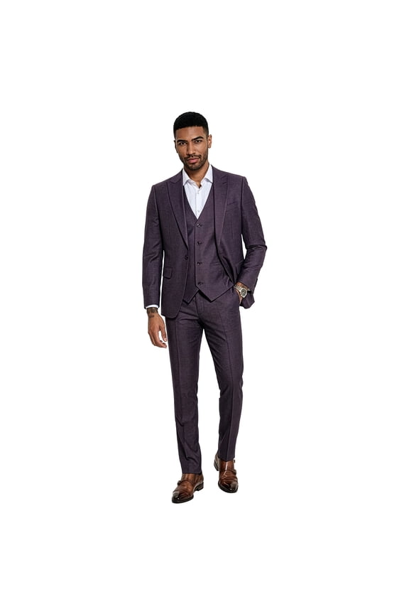 Skinny Fit Sharkskin 3 Piece Suit Set with Wide Peak Lapel