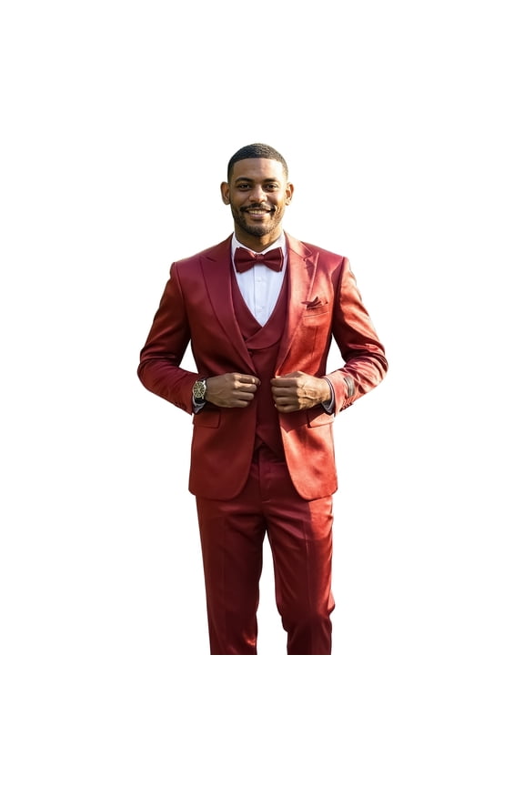 Skinny Fit Shiny Satin Textured 3 Piece Suit Set