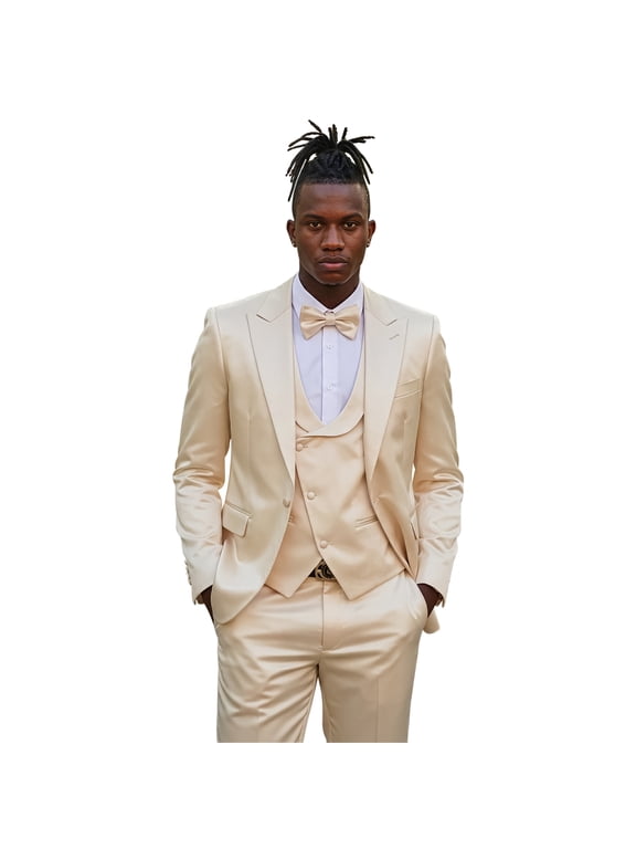 Skinny Fit Shiny Satin Textured 3 Piece Suit Set