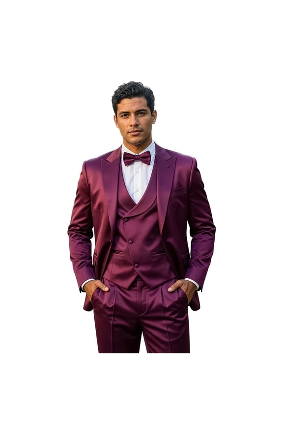 Skinny Fit Shiny Satin Textured 3 Piece Suit Set