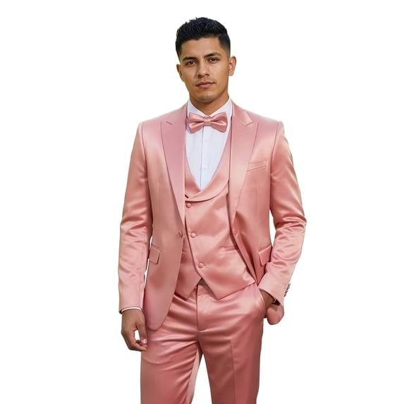 Tazzio Skinny Fit Shiny Satin Textured 3 Piece Suit Set