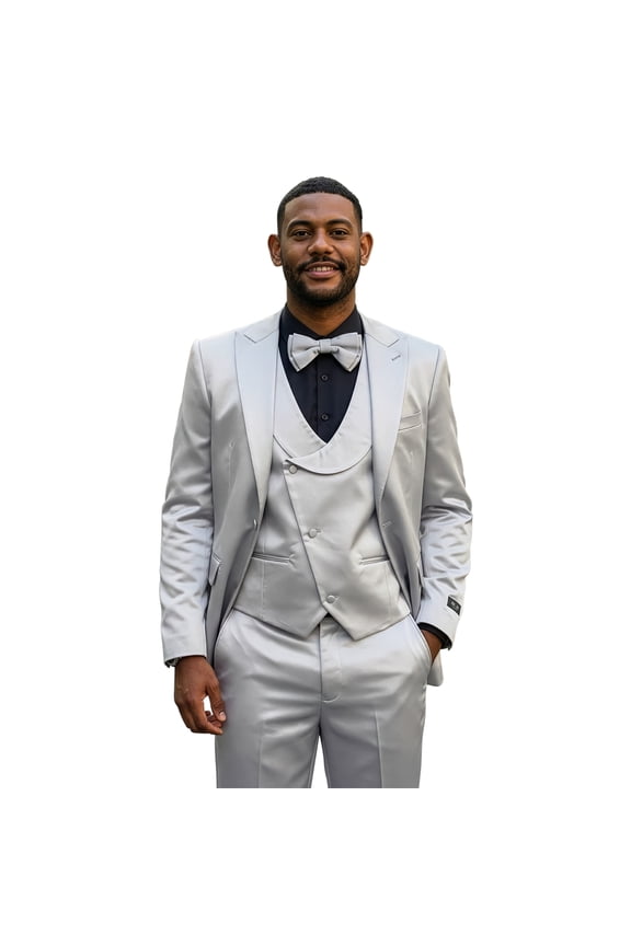 Skinny Fit Shiny Satin Textured 3 Piece Suit Set