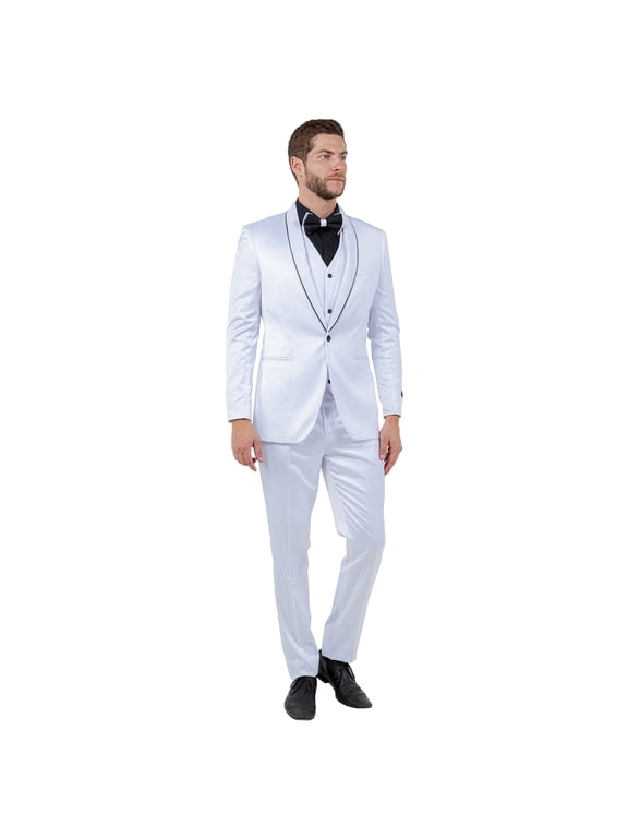 Skinny Fit Shiny Satin Tuxedo 3 Piece Suit Set with Bowtie