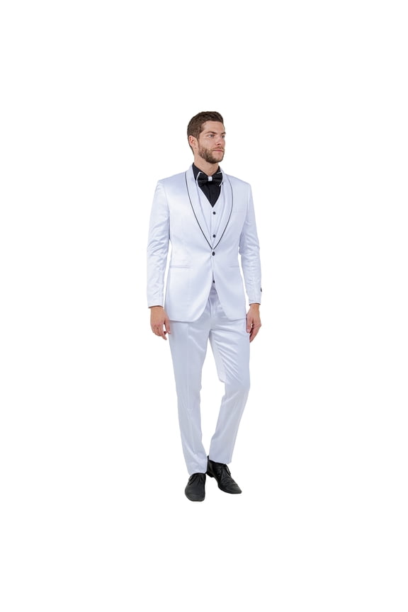 Skinny Fit Shiny Satin Tuxedo 3 Piece Suit Set with Bowtie