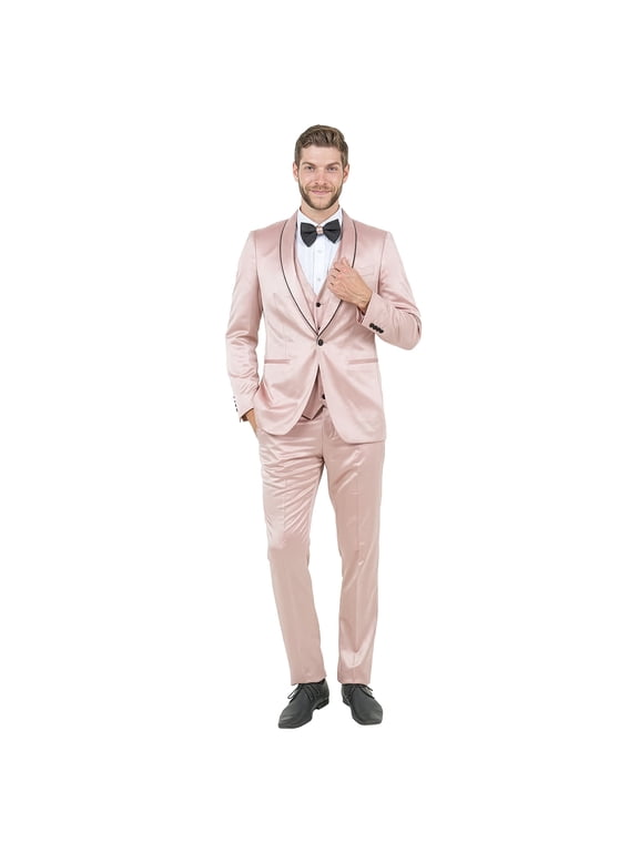 Skinny Fit Shiny Satin Tuxedo 3 Piece Suit Set with Bowtie