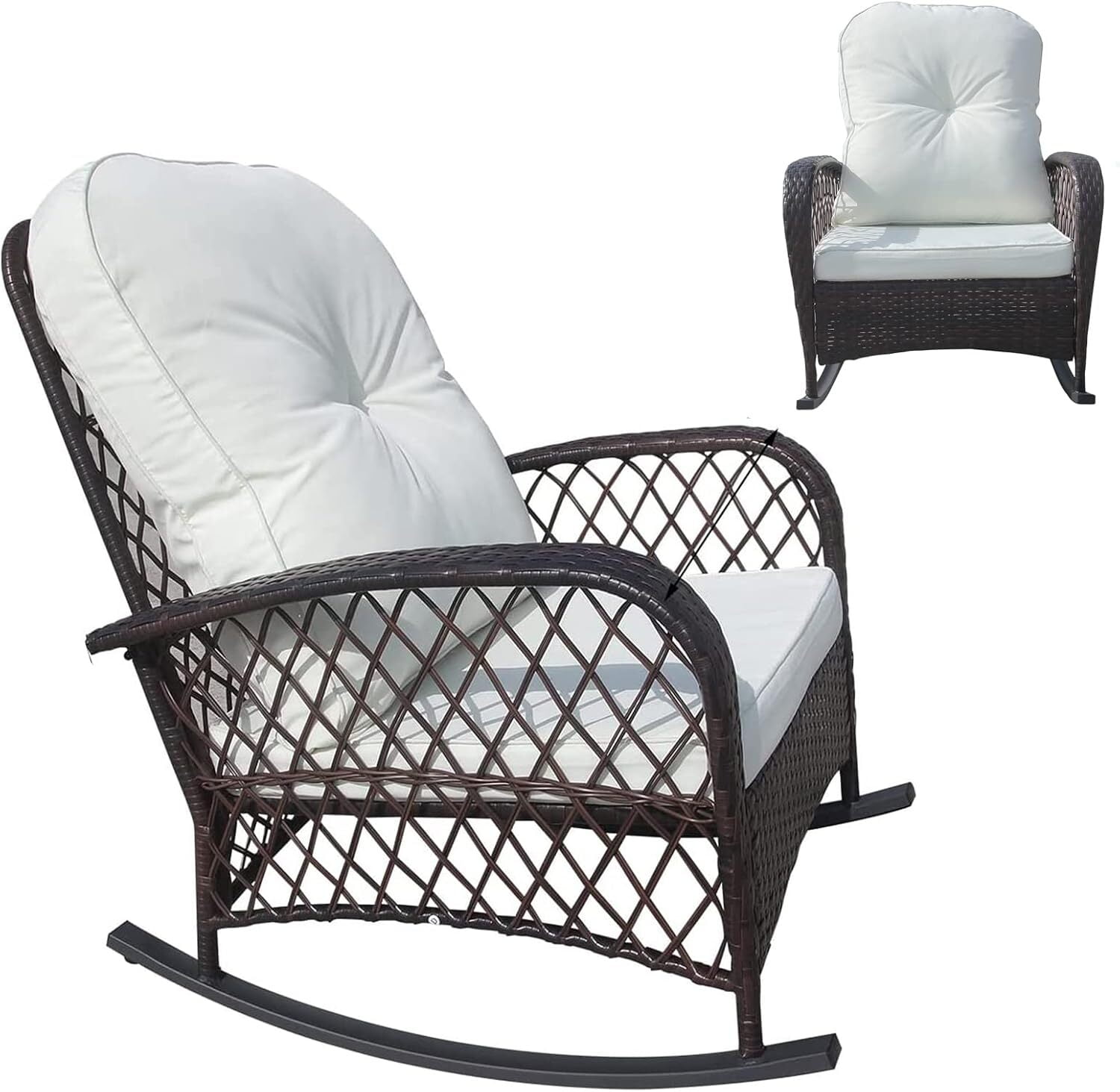 Round Wicker Rocker Tbboys Outdoor Wicker Rocking Chair with Wide Seat, Thickened Cushion ...