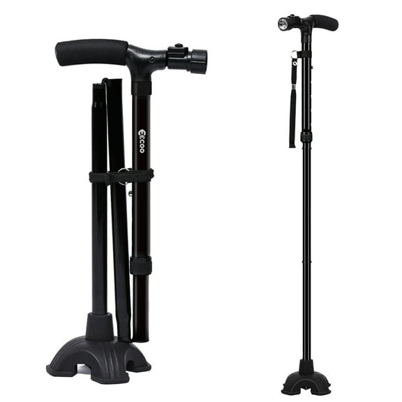 Tbest Professional LED Folding Walking Cane Portable Adjustable Self Standing Mobility Aids Walking Stick for Men Women Seniors Disabled Elderly Black