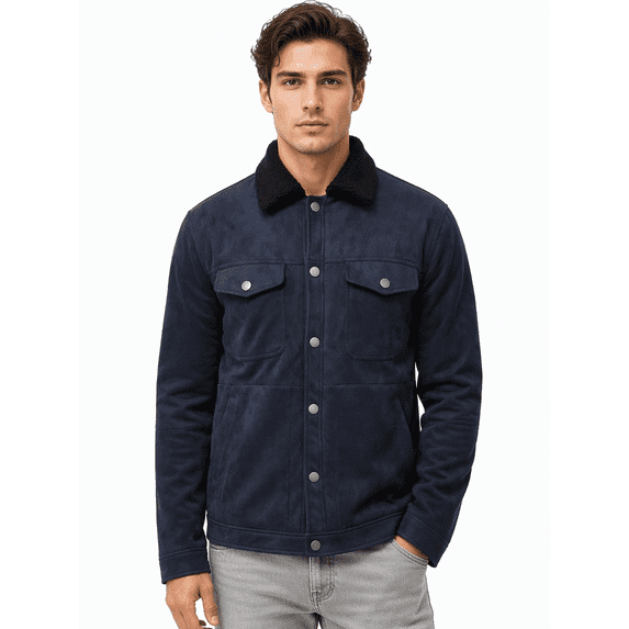 Tbfashion Men's Casual Jacket Navy Button Front Sherpa Collar Long Sleeve Winter Coat