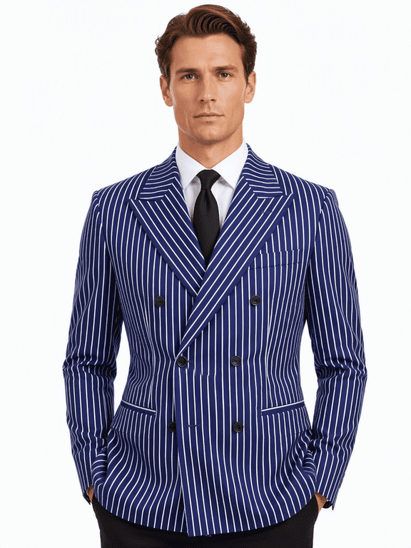 Men's Dress Blazer Formal Suit Jacket Blue Pinstripe Double Breasted Coat
