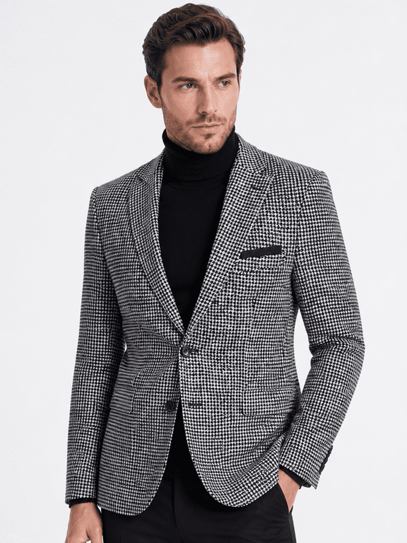 Mens Check Pattern Blazer One Button Notched Lapel Business Casual Jacket
