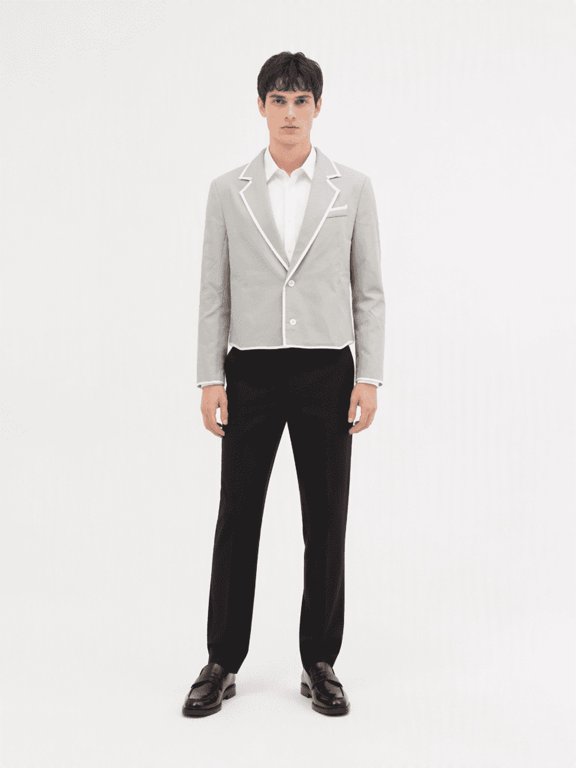 Mens Cropped Notched Lapel Blazer with Contrast Edge Trim and Long Sleeves