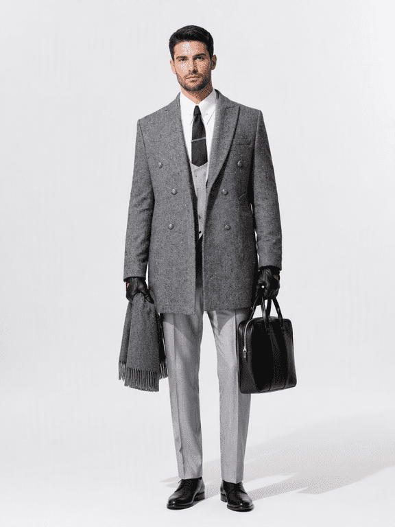 Mens Double Breasted Long Coat Notched Lapel Button Front Dressy Outerwear